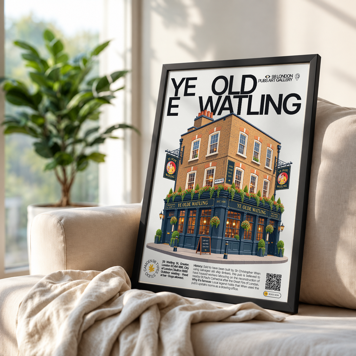 Ye Olde Watling poster, St Paul's, London: dark-timbered pub facade near St Paul's Cathedral - 98 London Pubs Art Gallery by 98 Types