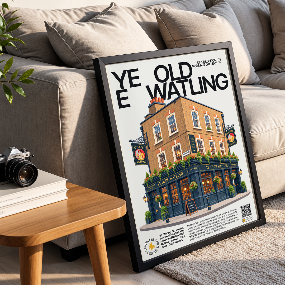 Ye Olde Watling poster, St Paul's, London: dark-timbered pub facade near St Paul's Cathedral - 98 London Pubs Art Gallery by 98 Types