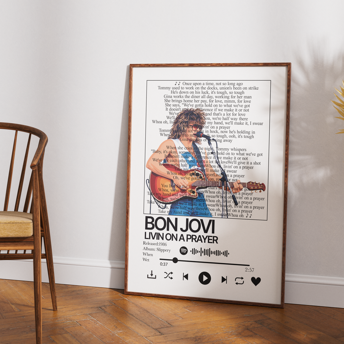 Bon Jovi Livin on a Prayer song lyric print UK — Tommy Gina 1986 rock anthem wall art 260gsm printed in England Camden Market