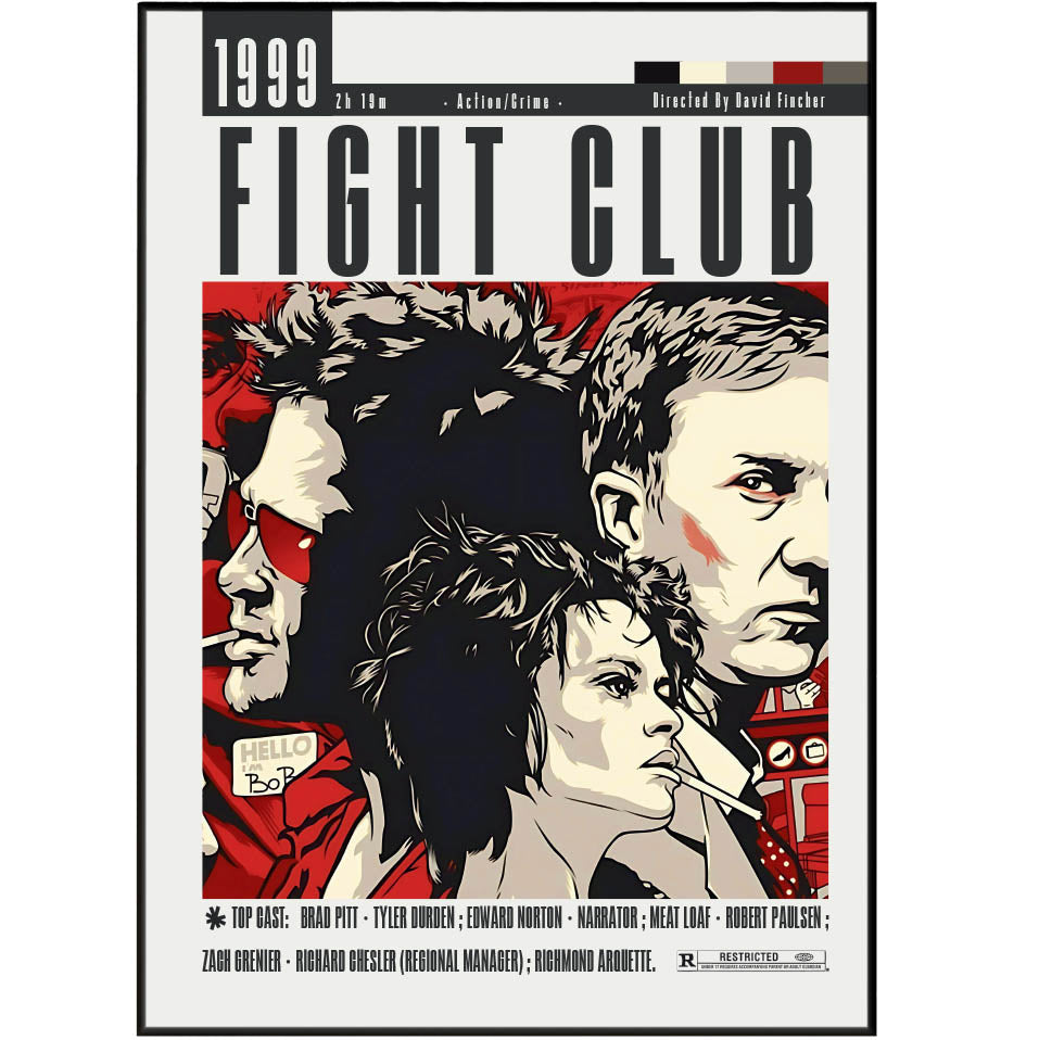 Movie poster for 'Fight Club' with stylized portraits of characters and release information.