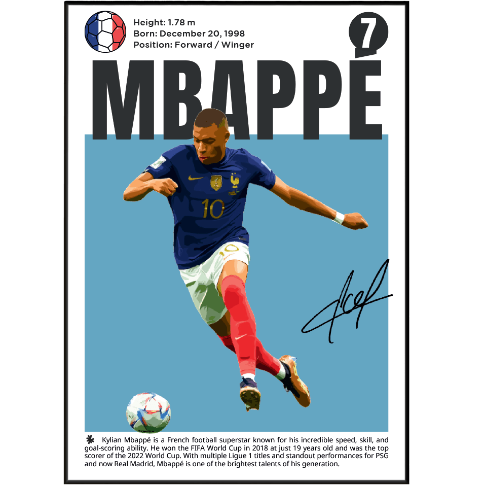 Kylian Mbappé football poster – France Superstar wall art print by 98types