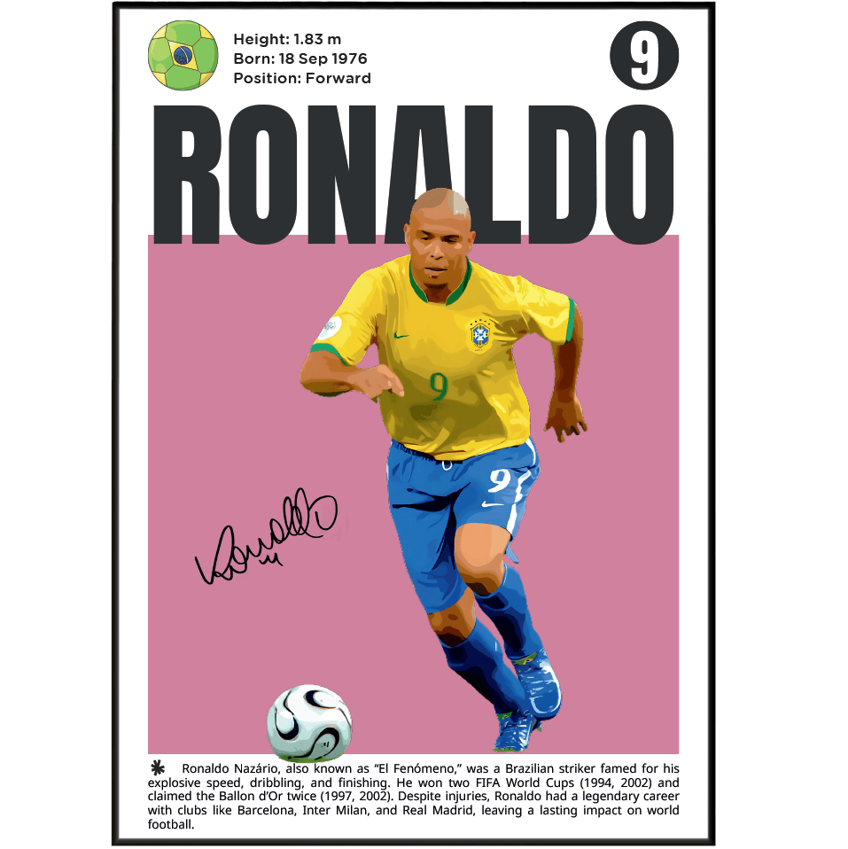 Ronaldo Nazário football poster – Brazil Legend 'O Fenômeno' wall art print by 98types