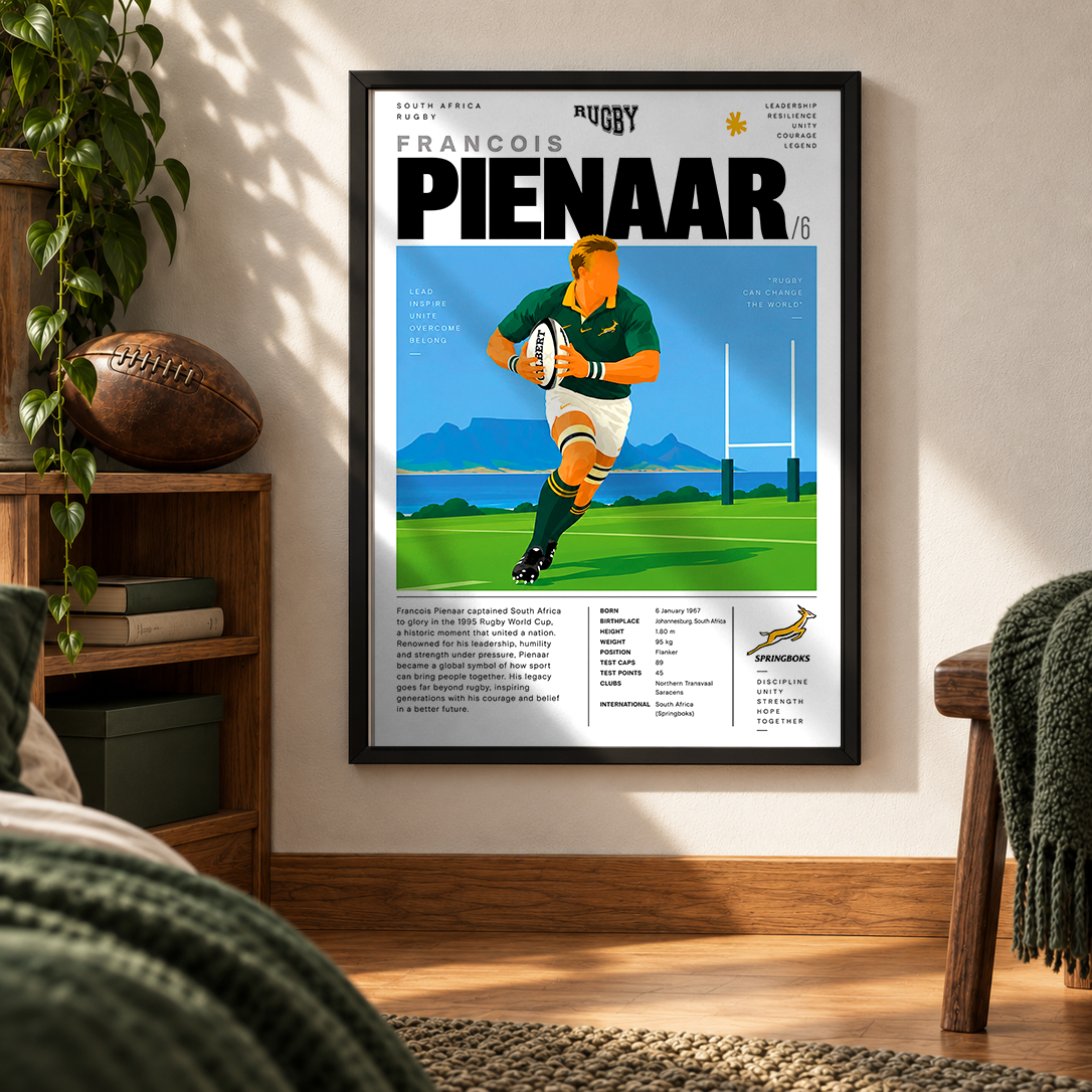 Francois Pienaar 1995 Rugby World Cup captain poster – Springboks wall art