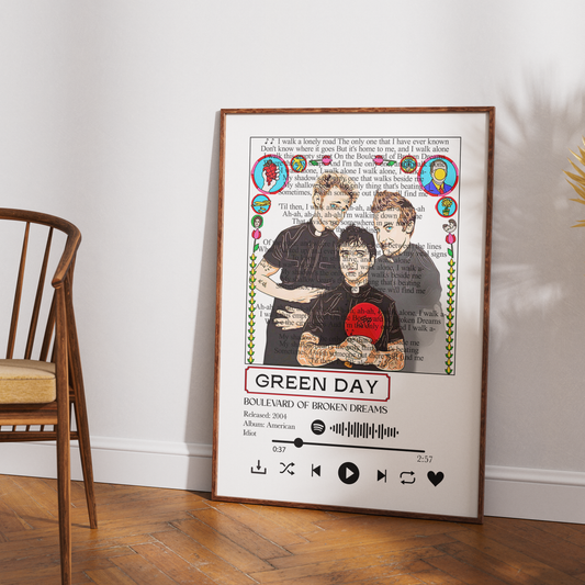 A framed music-themed art print of Green Day's 'Boulevard of Broken Dreams' leaning against a white wall on a wooden floor next to a wooden chair.