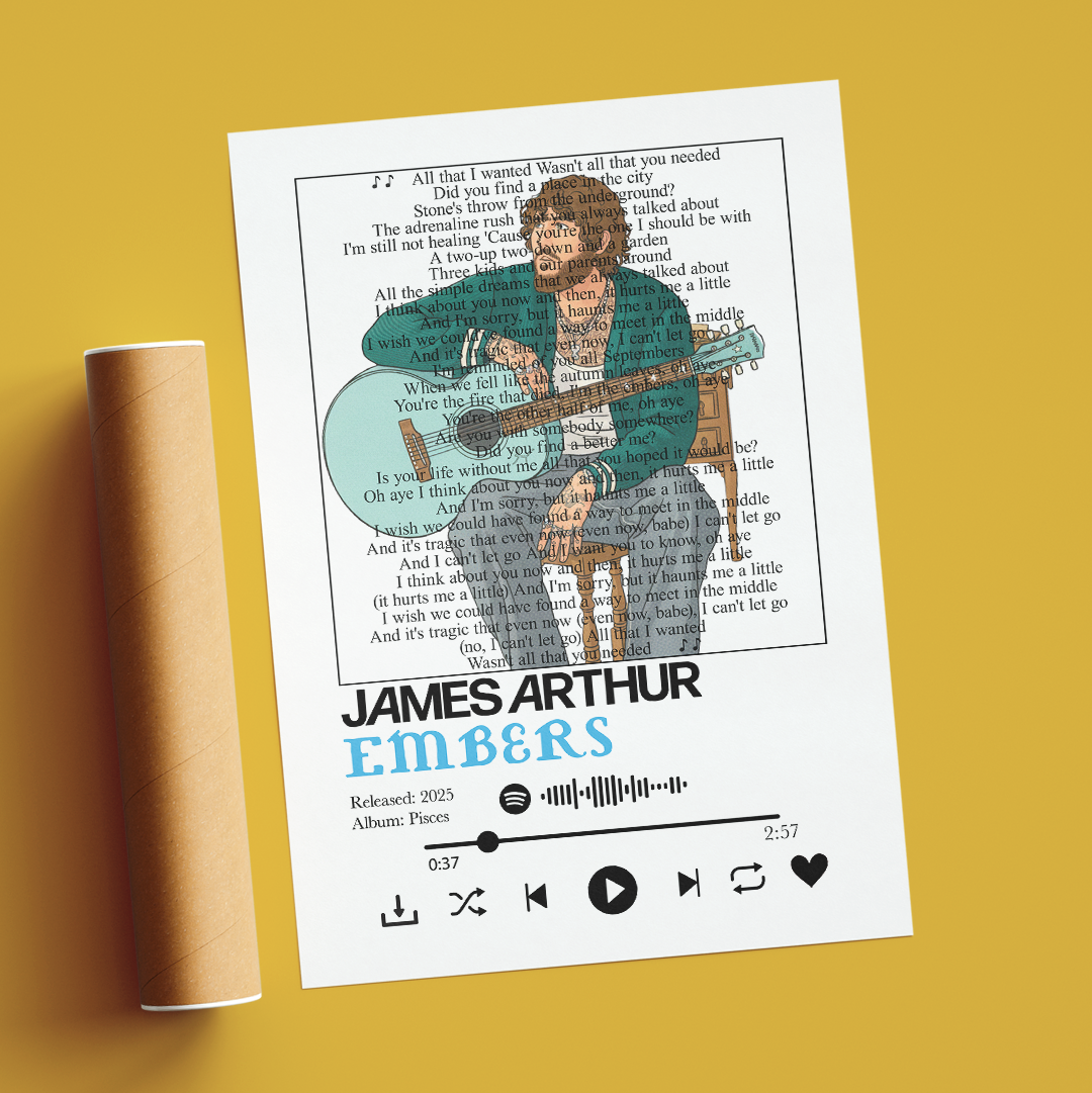 A personalized music-themed art print featuring a stylized illustration of James Arthur Emberts playing guitar over song lyrics, styled next to a cardboard mailing tube on a solid mustard yellow background.