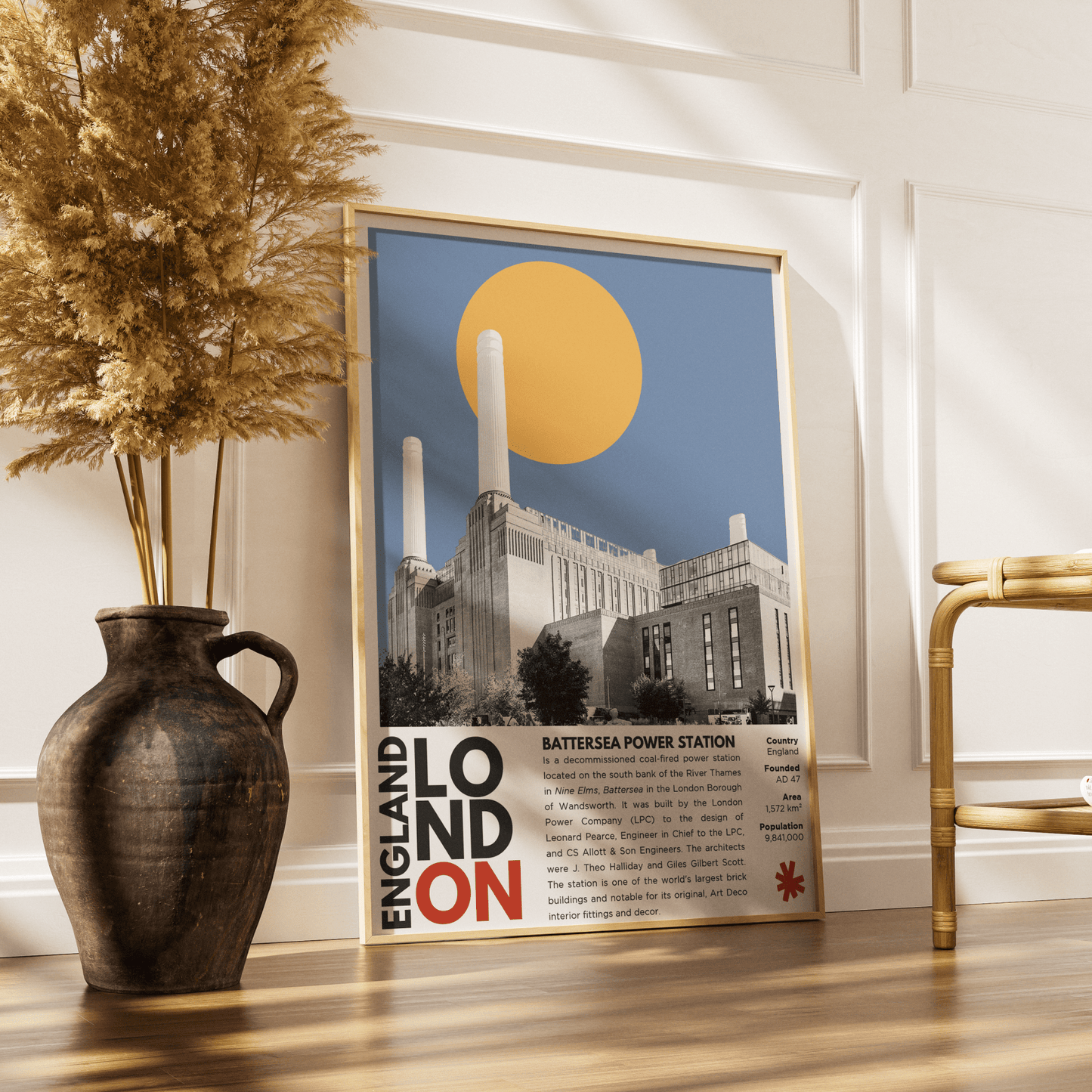 Battersea Power Station illustration poster — Art Deco chimneys Thames London wall art print UK