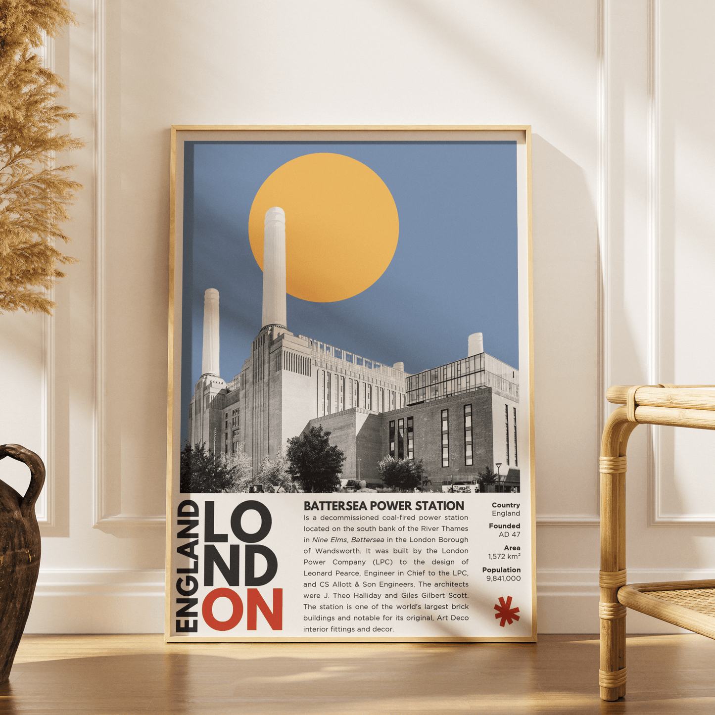 Battersea Power Station illustration poster — Art Deco chimneys Thames London wall art print UK