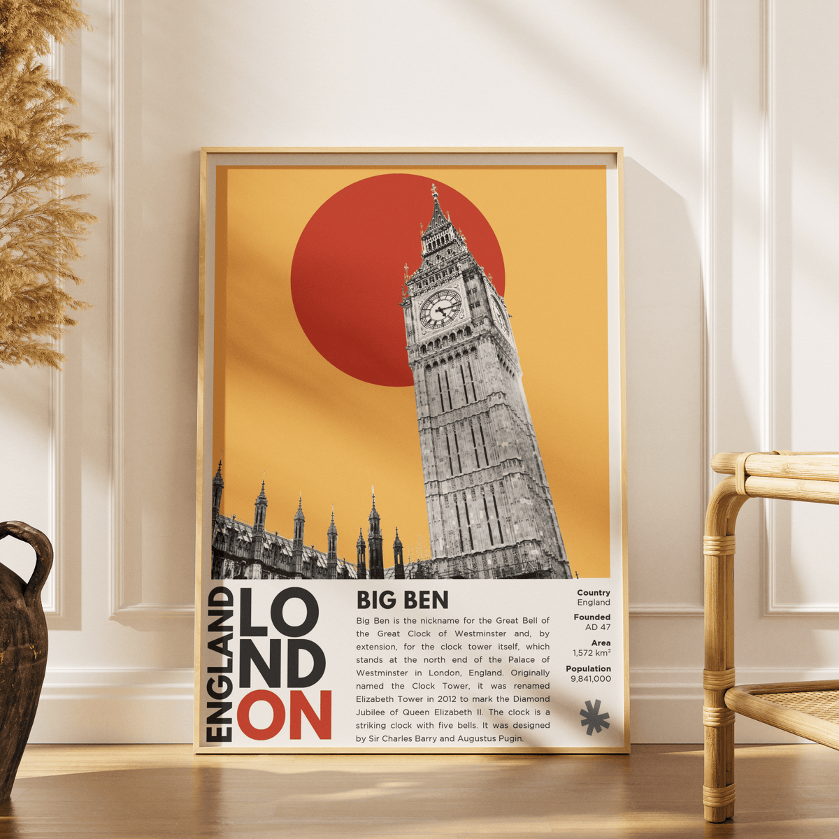 Big Ben illustration poster — Elizabeth Tower Westminster Palace clock London landmark wall art print UK
