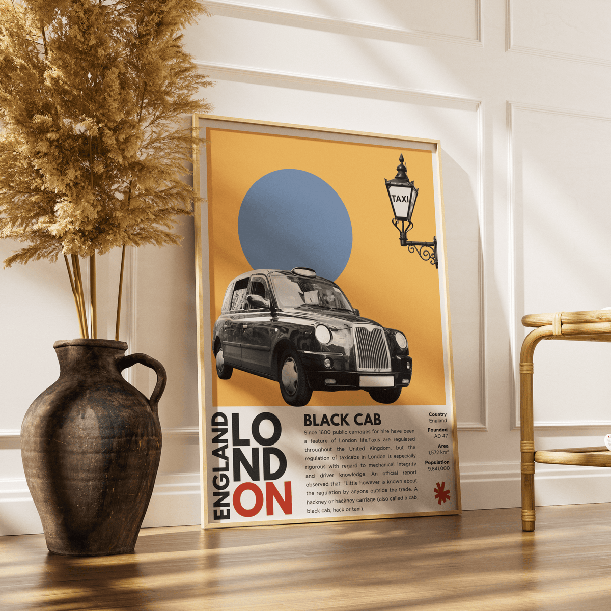 Black Cab London illustration poster — iconic London taxi TX4 transport wall art print UK