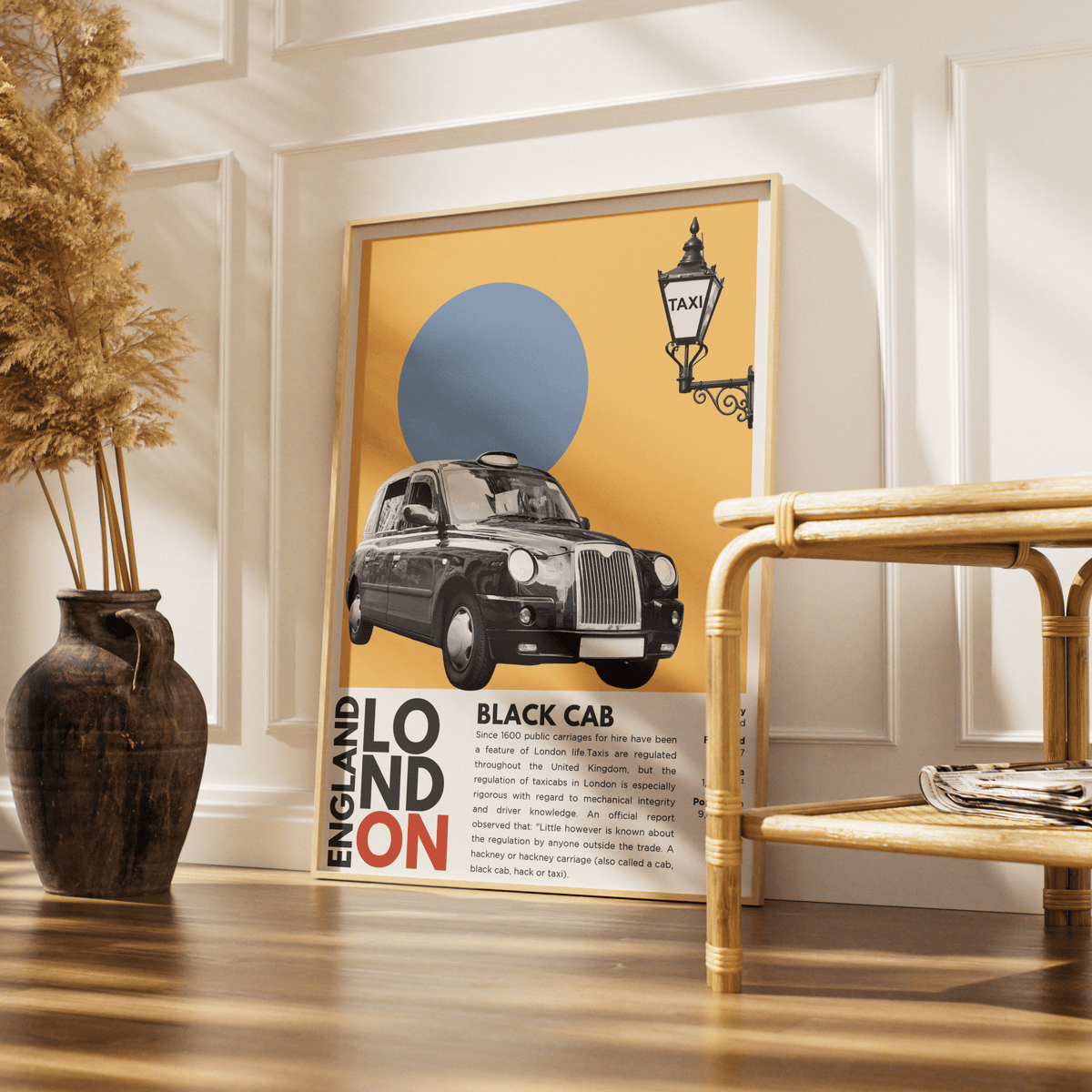 Black Cab London illustration poster — iconic London taxi TX4 transport wall art print UK