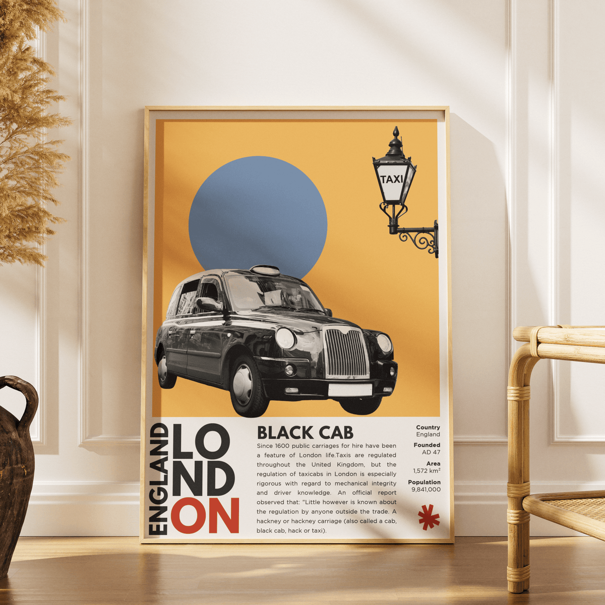 Black Cab London illustration poster — iconic London taxi TX4 transport wall art print UK