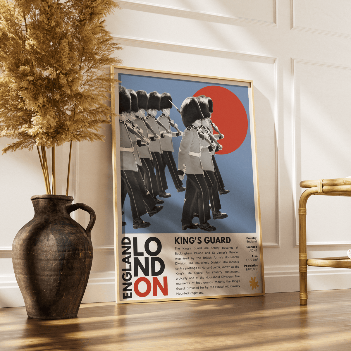 King's Guard illustration poster — Household Cavalry bearskin ceremonial guard London wall art print UK