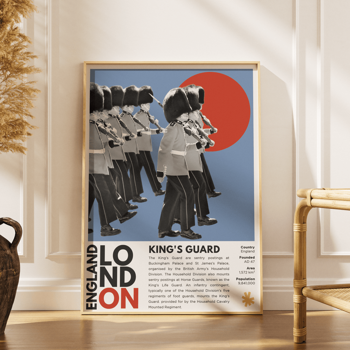 King's Guard illustration poster — Household Cavalry bearskin ceremonial guard London wall art print UK