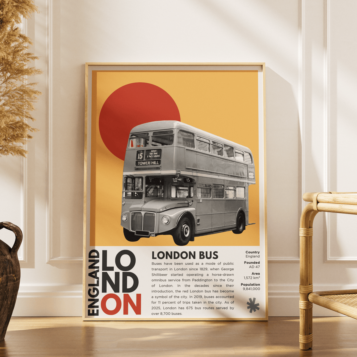 London Bus illustration poster — iconic red Routemaster double-decker transport wall art print UK