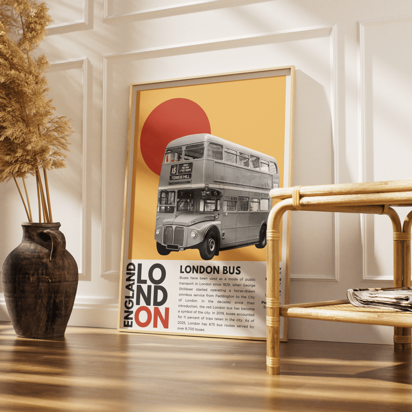 London Bus illustration poster — iconic red Routemaster double-decker transport wall art print UK