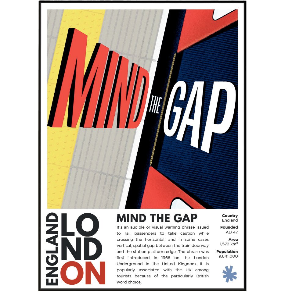 Mind the Gap London Underground illustration poster — iconic Tube warning sign TfL Roundel wall art print UK