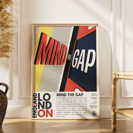Mind the Gap London Underground illustration poster — iconic Tube warning sign TfL Roundel wall art print UK