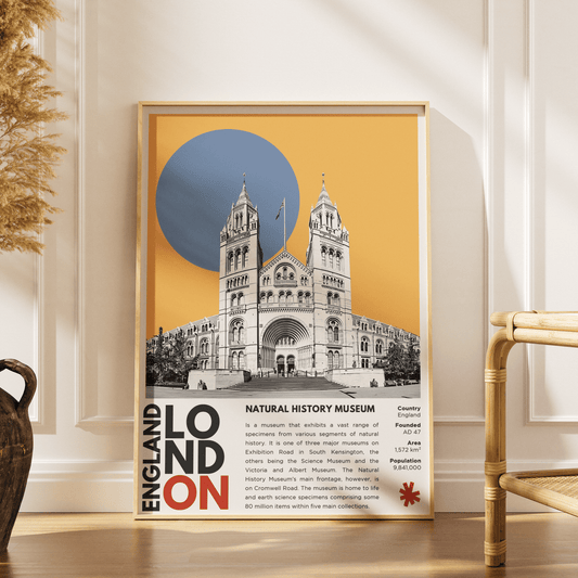 Natural History Museum London illustration poster — Alfred Waterhouse South Kensington terracotta Romanesque wall art print UK