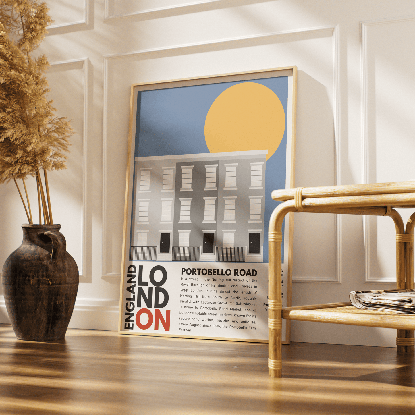 Portobello Road Notting Hill illustration poster — antique market Saturday stalls colourful houses London wall art print UK