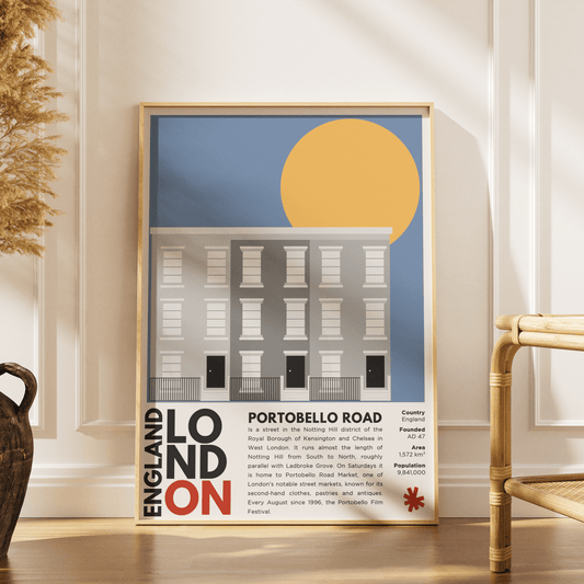 Portobello Road Notting Hill illustration poster — antique market Saturday stalls colourful houses London wall art print UK