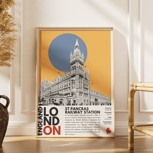 St Pancras Station illustration poster — George Gilbert Scott Gothic Revival Eurostar Midland Grand Hotel wall art print UK