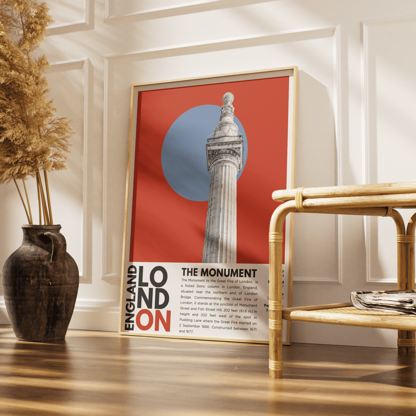 The Monument illustration poster — Christopher Wren Robert Hooke Great Fire London Fish Street Hill wall art print UK
