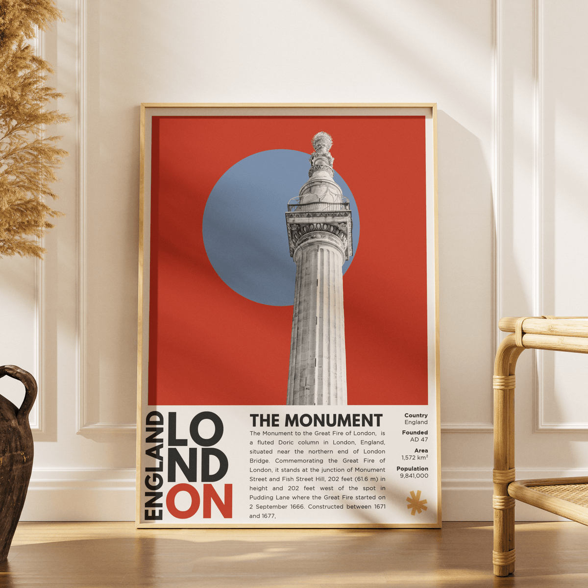 The Monument illustration poster — Christopher Wren Robert Hooke Great Fire London Fish Street Hill wall art print UK