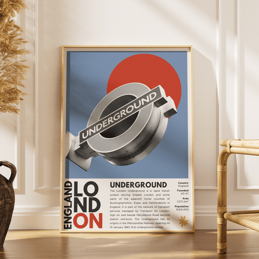 London Underground illustration poster — TfL Tube Roundel Johnston typeface design heritage wall art print UK