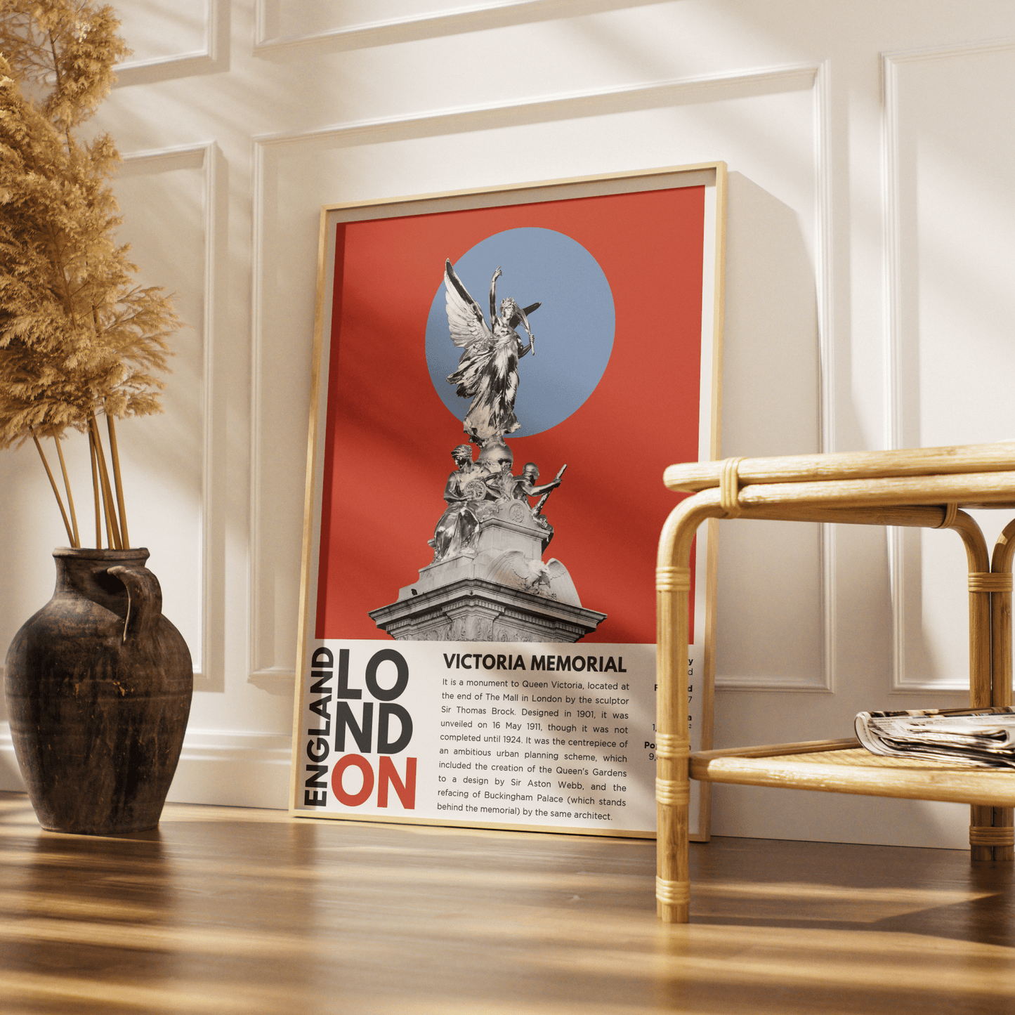 Victoria Memorial illustration poster — Thomas Brock Buckingham Palace forecourt gilded Victory Queen Victoria wall art print UK