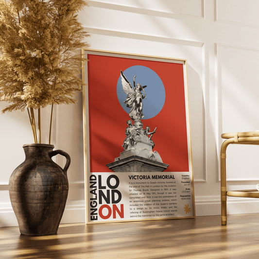 Victoria Memorial illustration poster — Thomas Brock Buckingham Palace forecourt gilded Victory Queen Victoria wall art print UK