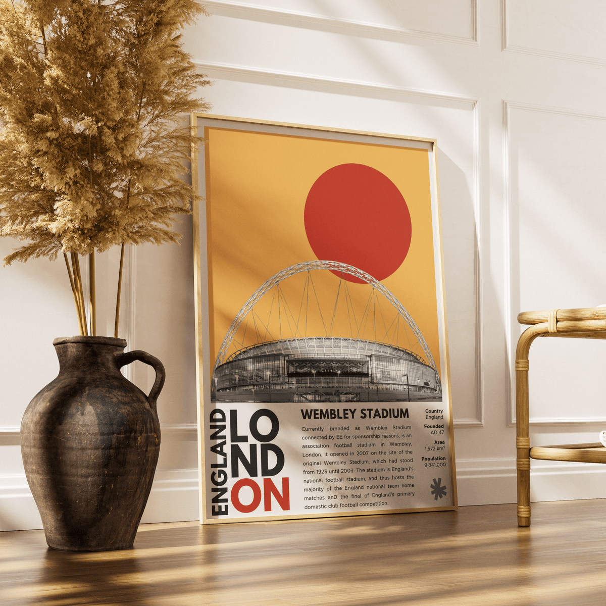 Wembley Stadium illustration poster — Foster Partners arch England football national stadium London wall art print UK