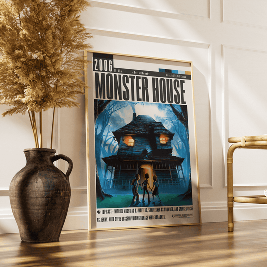 Monster House 2006 animated horror film poster — DJ Chowder Jenny Nebbercracker Halloween house wall art print UK