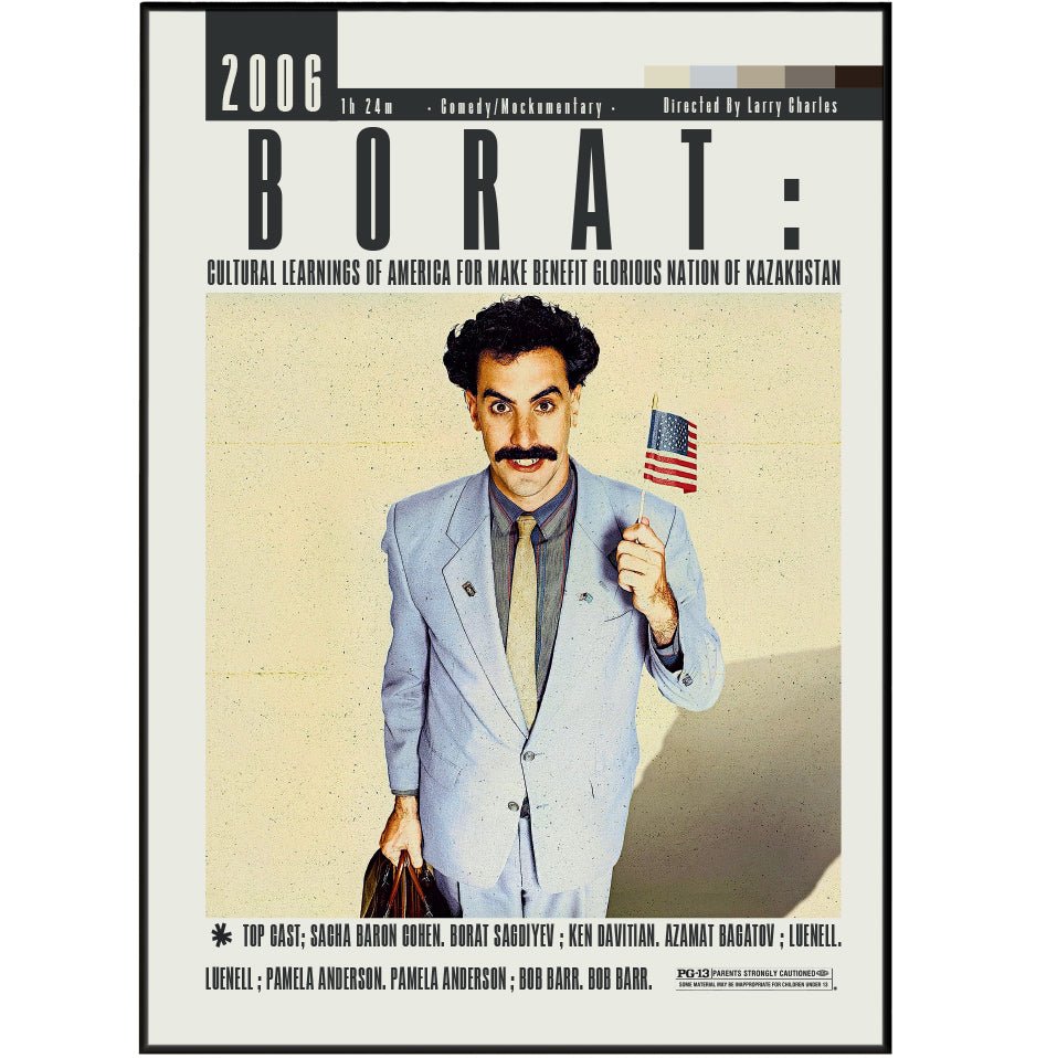 Borat 2006 comedy film poster — Sacha Baron Cohen Kazakhstan journalist mockumentary wall art print UK
- 98types