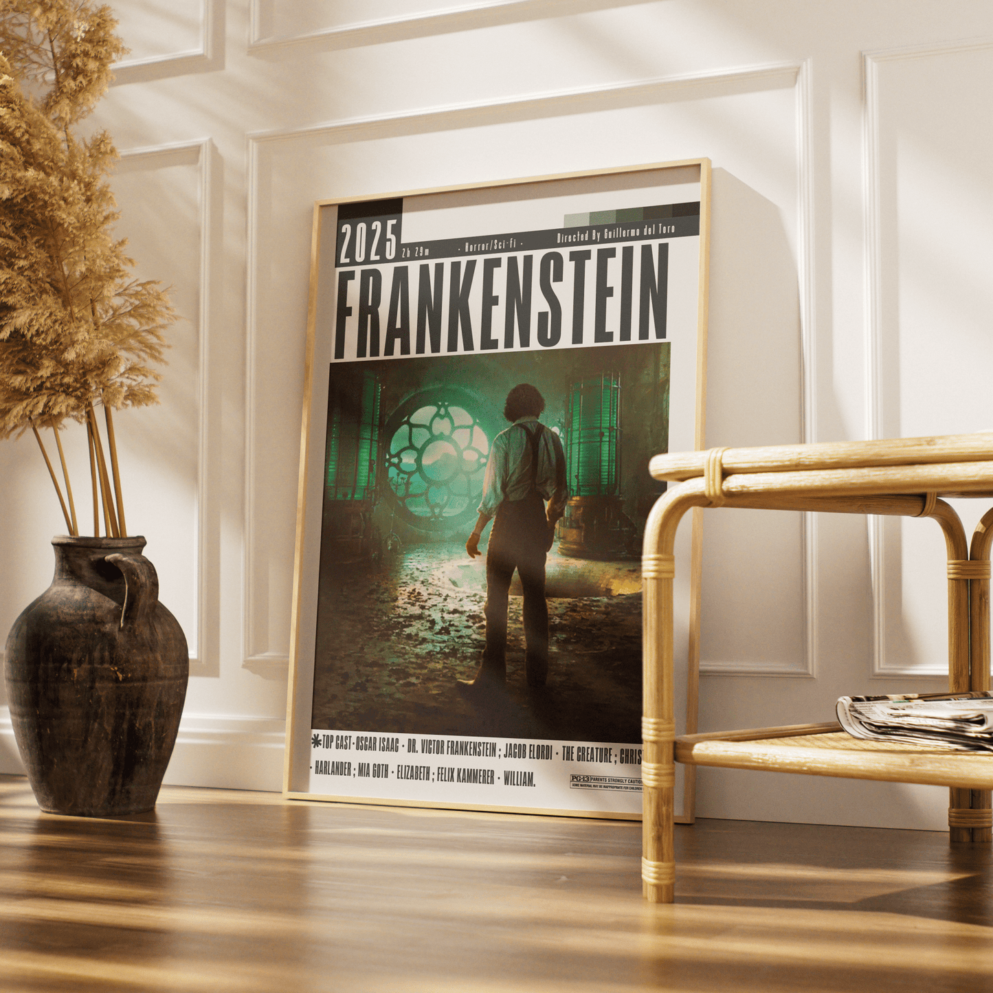 Frankenstein 2025 horror film poster — Guillermo del Toro Oscar Isaac Mia Goth wall art print UK