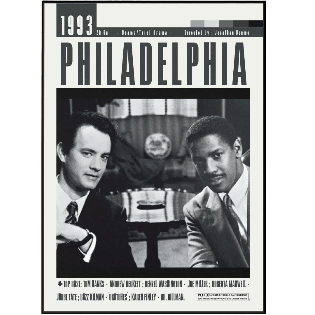 Philadelphia 1993 LGBTQ+ drama film poster — Tom Hanks Denzel Washington AIDS discrimination legal drama wall art print UK - 98types
