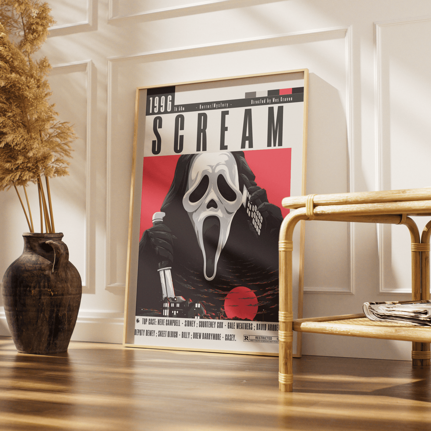 Scream 1996 horror film poster — Wes Craven Sidney Prescott Ghostface slasher wall art print UK