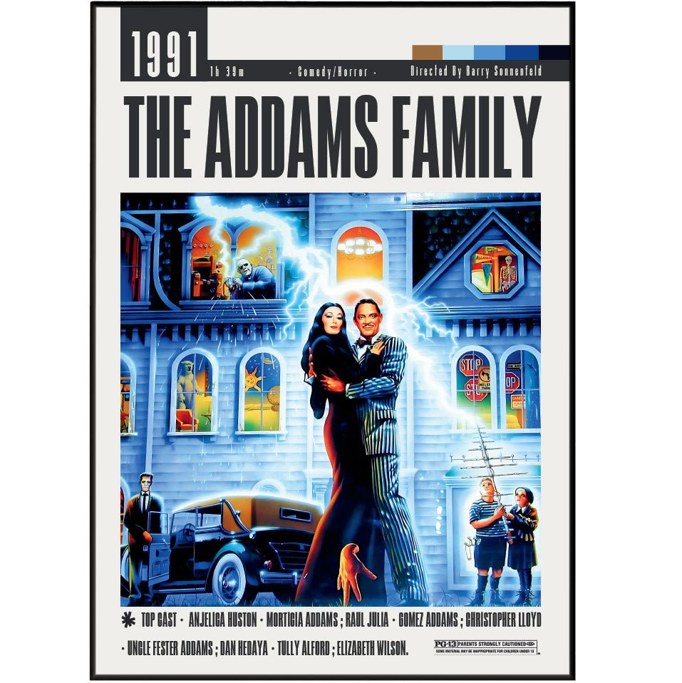The Addams Family 1991 comedy horror film poster — Gomez Morticia Raul Julia Anjelica Huston wall art print UK