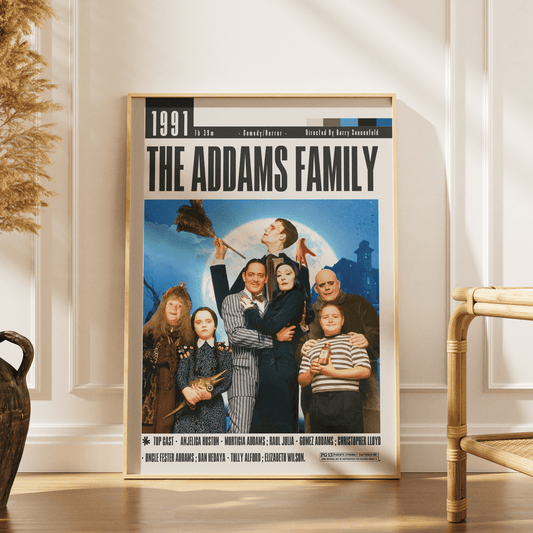 The Addams Family 1991 horror comedy film poster — Gomez Morticia Raul Julia Anjelica Huston Wednesday wall art print UK