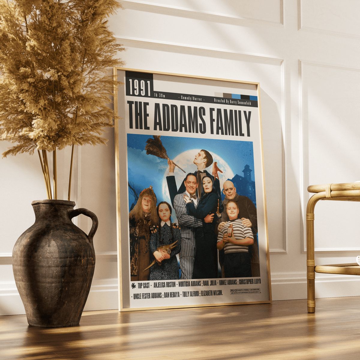 The Addams Family 1991 horror comedy film poster — Gomez Morticia Raul Julia Anjelica Huston Wednesday wall art print UK