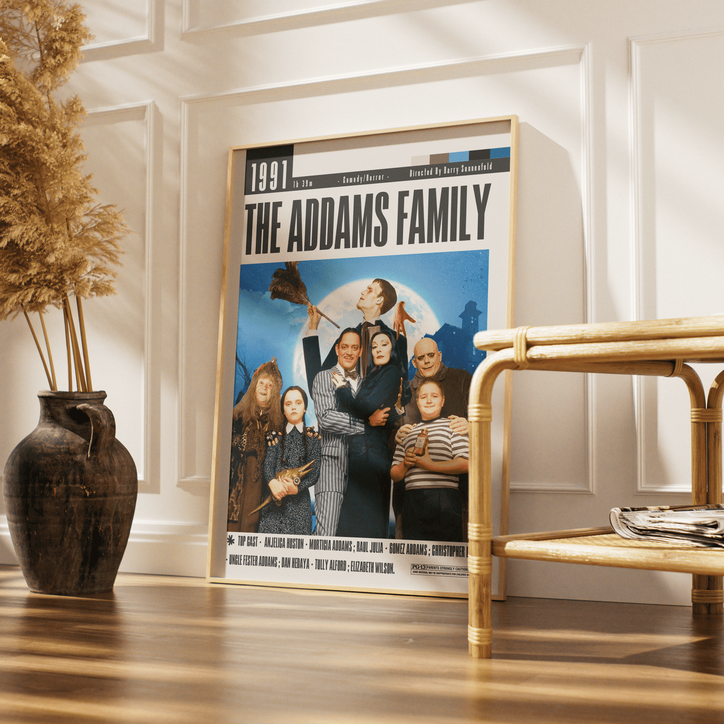 The Addams Family 1991 horror comedy film poster — Gomez Morticia Raul Julia Anjelica Huston Wednesday wall art print UK