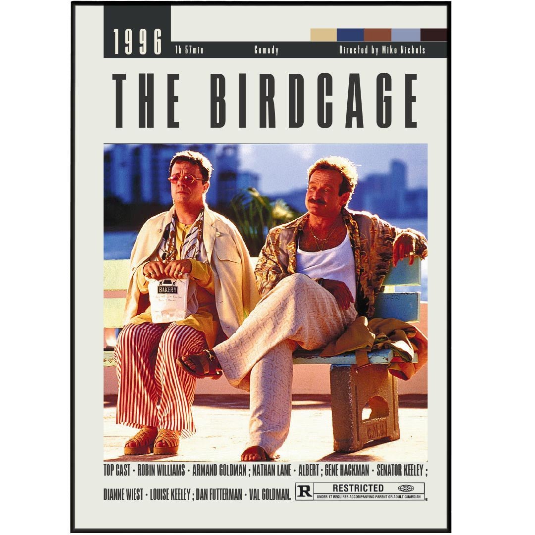 The Birdcage 1996 comedy film poster — Robin Williams Nathan Lane drag cabaret Miami wall art print UK
- 98types