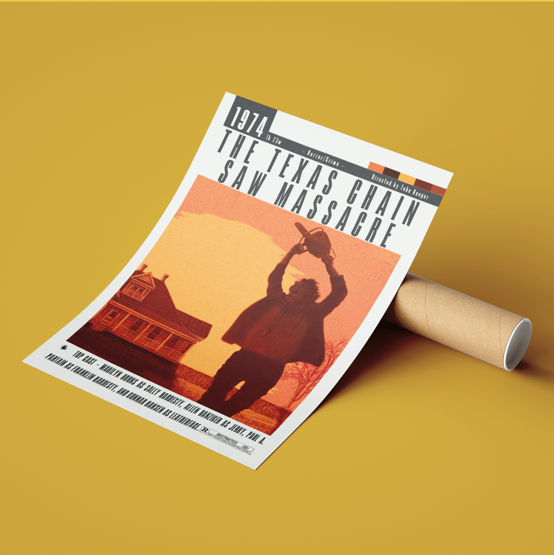 Texas Chain Saw Massacre 1974 horror film poster UK. Tobe Hooper Leatherface Sally Hardesty hitchhiker rural Texas cannibal wall art print. Classic horror gift. Multiple sizes. Fast UK delivery. Buy 3 get 1 FREE.