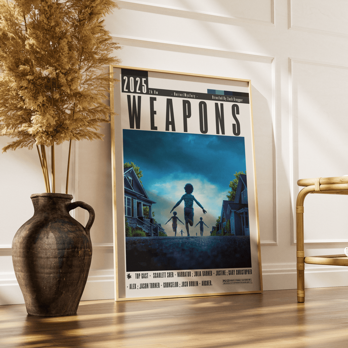 Weapons 2025 horror film poster — Zach Cregger suburban horror thriller wall art print UK
