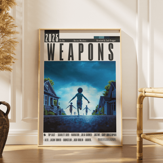 Weapons 2025 horror film poster — Zach Cregger suburban horror thriller wall art print UK