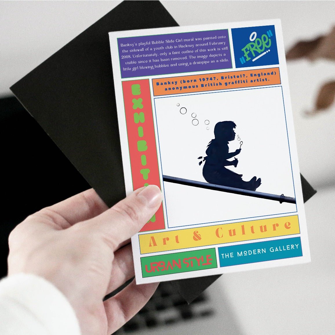 Bubble Slide Girl street art poster — girl slides into bubble urban graffiti wall art print UK