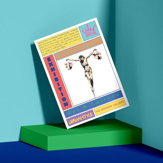 Christ with Shopping Bags street art poster — Jesus consumerism religion satire urban wall art print UK