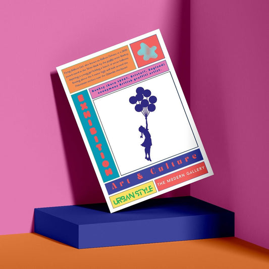 Flying Balloon Girl street art poster — girl lifted by heart balloons flying urban wall art print UK