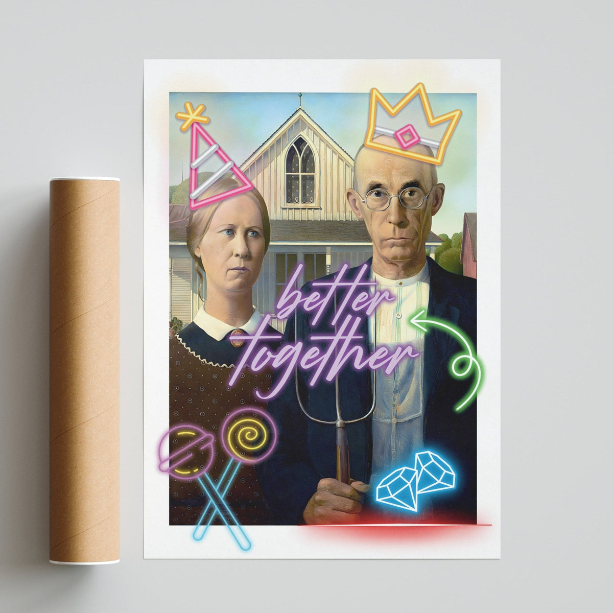 American Gothic neon art poster — Grant Wood 1930 painting neon pop art wall decoration UK