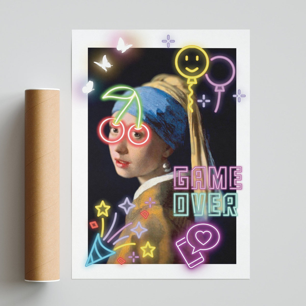 Girl with a Pearl Earring neon art poster — Vermeer masterpiece bold neon pop art wall decoration UK