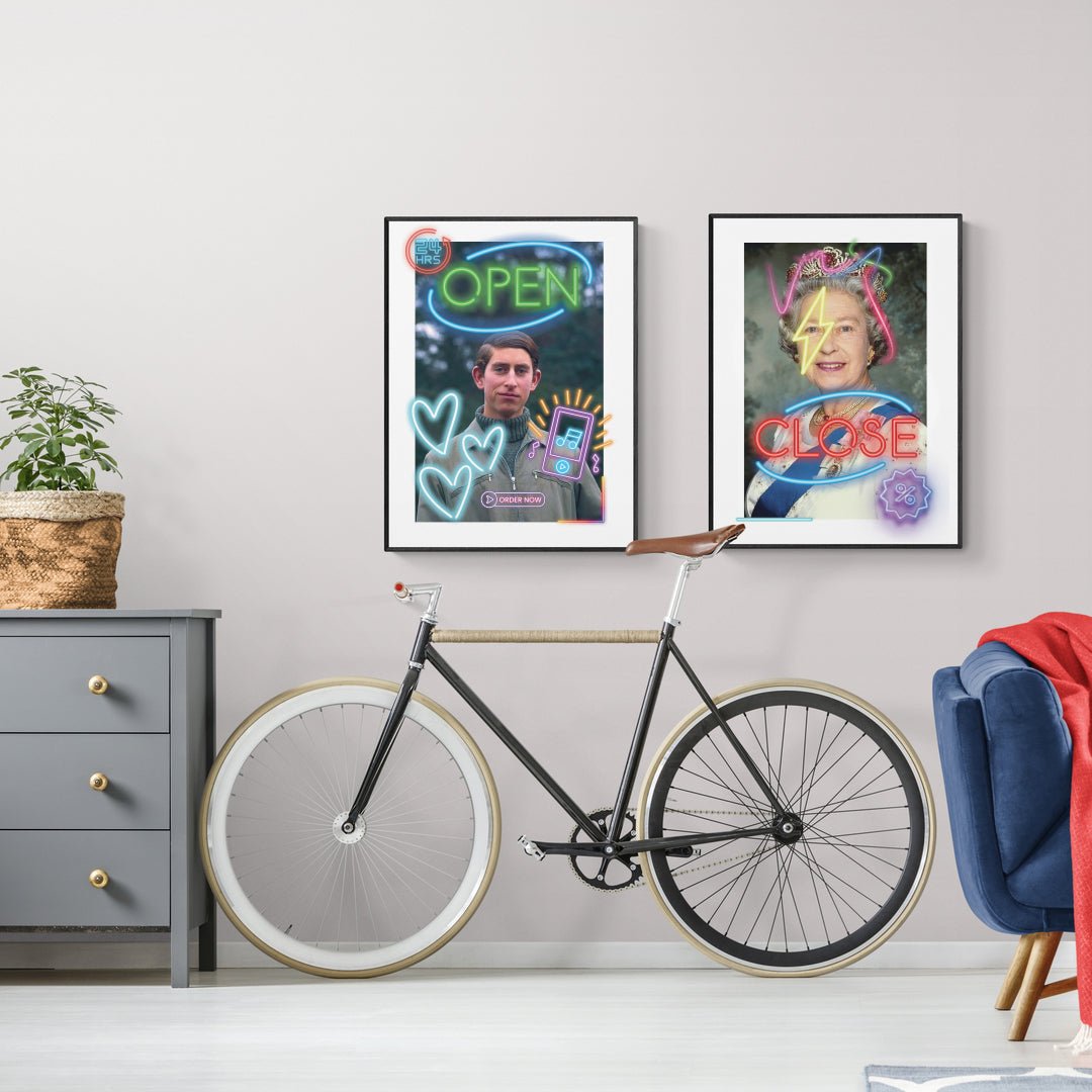 King Charles III neon art poster — bold pop art portrait royal neon colours wall decoration UK